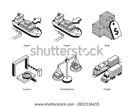Export and Import Icon Set with Cargo Ship and Tariff—Ideal for International Trade and Logistics Concept Design
