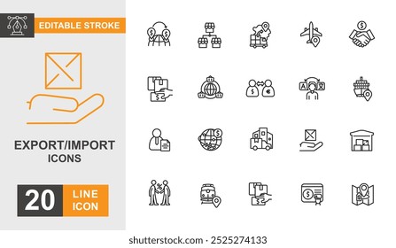 Export import icon set. Shipping, transportation, delivering, package, cargo and more line icon editable stroke.