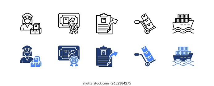 Export import icon sheet. with Customs broker, Export license, Export document, Cargo handling, Shipment.