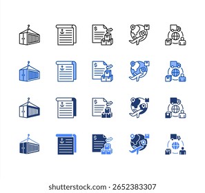 Export import icon sheet multiple style Shipping container, Bill of lading, Trade, International shipping, Supply chain
