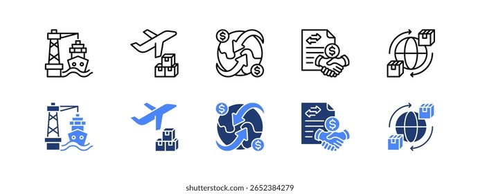 Export import icon sheet. with Port, Air Freight, Global trade, Trade agreement, Logistics.