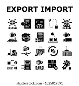 Export Import Logistic Collection Icons Set Vector. Export And Import Airplane And Truck, Train And Ship Transportation, Conveyor And Container Concept Linear Pictograms. Color Contour Illustrations