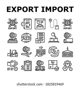 Exportar el vector de conjunto de iconos de colección logística de importación. Exportación E Importación De Ilustraciones De Contorno Negro De Aviones Y Camiones, Trenes Y Buques