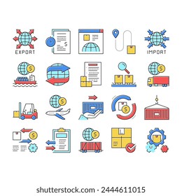 Export Import Logistic Collection Icons Set Vector. Export And Import Airplane And Truck, Train And Ship Transportation, Conveyor And Container Concept Linear Pictograms. Color Contour Illustrations