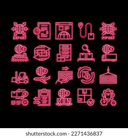 Export Import Logistic neon light sign vector. Export And Import Airplane And Truck, Train And Ship Transportation, Conveyor And Container Illustrations