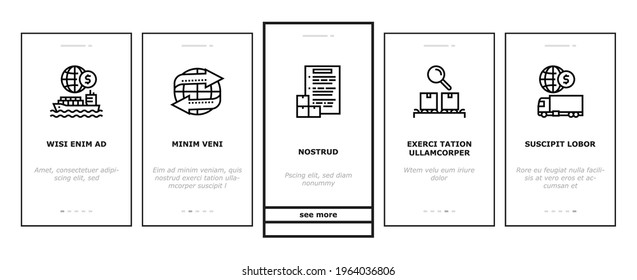 Export Import Logistic Onboarding Mobile App Page Screen Vector. Export And Import Airplane And Truck, Train And Ship Transportation, Conveyor And Container Illustrations