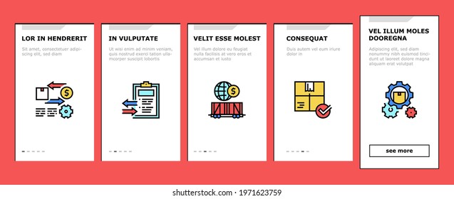Export Import Logistic Onboarding Mobile App Page Screen Vector. Export And Import Airplane And Truck, Train And Ship Transportation, Conveyor And Container Illustrations
