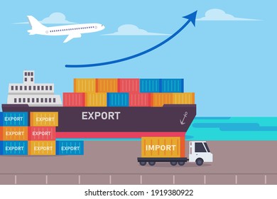 Export import shipment vector concept: Containers loading on the ship in the port