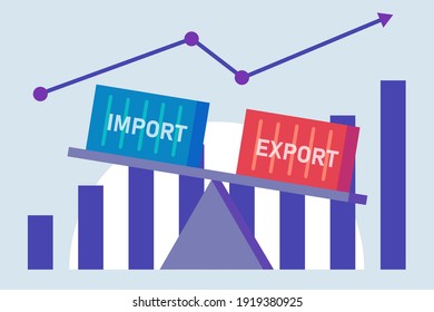 Export import shipment vector concept: Import and export container are in the scale with upward graphic arrow