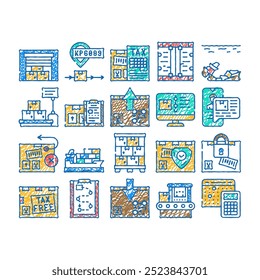 export and import transportation doodle icons set vector. sketch line art export and import goods documents and shipment, sunken container ship and logistics services, tracking color illustrations