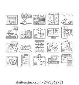 Export And Import Transportation Icons Set Vector. Export And Import Goods Documents And Shipment, Sunken Container Ship And Logistics Services, Tracking Number And Tax Black Contour Illustrations