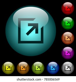 Export with inner arrow icons in color illuminated spherical glass buttons on black background. Can be used to black or dark templates
