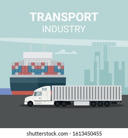 Export logistics in cargo port with truck and container ship