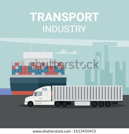 Export logistics in cargo port with truck and container ship