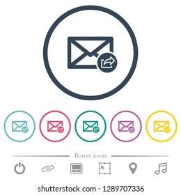 Export mail flat color icons in round outlines. 6 bonus icons included.