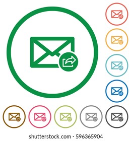 Export mail flat color icons in round outlines on white background