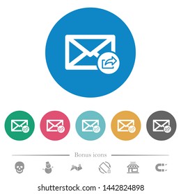 Export mail flat white icons on round color backgrounds. 6 bonus icons included.