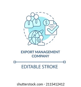 Icono de concepto turquesa de la empresa de gestión de exportaciones. Empresa de subcontratación. Tipos de ilustración de línea delgada de ideas abstractas de negocios. Dibujo de contorno aislado. Trazo editable. Fuentes Arial, Myriad Pro-Bold utilizadas