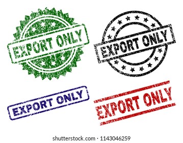 EXPORT ONLY seal prints with corroded surface. Black, green,red,blue vector rubber prints of EXPORT ONLY title with retro surface. Rubber seals with circle, rectangle, medal shapes.