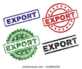 EXPORT seal prints with corroded style. Black, green,red,blue vector rubber prints of EXPORT caption with retro style. Rubber seals with circle, rectangle, medallion shapes.