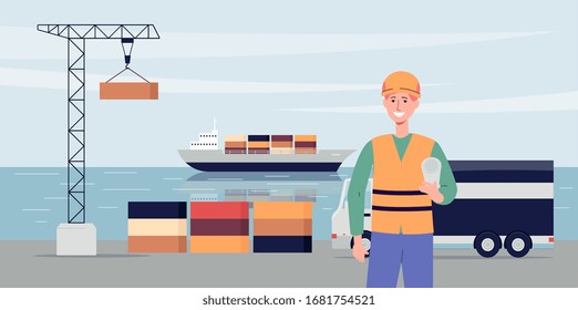 Export ship port background with ship and working crane, flat vector illustration. Industrial cargo transportation and commercial shipping banner template.