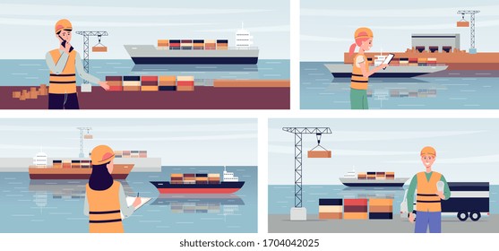 Export Ship Port Banner Set With People Managing Cargo Ship Transportations And Container Shipping Logistics Standing On Water Dock. Industrial Transport - Flat Vector Illustration.