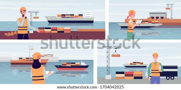Export ship port banner set with people\
managing cargo ship transportations and container shipping\
logistics standing on water dock. Industrial transport - flat\
vector illustration.