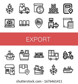 exportieren Sie einfache Symbole. Enthält Symbole wie Verpackung, Versand und Lieferung, Lieferung, Lieferung, Beförderung, Verpackung, Schiff, Box, Box, Boxen, Logistik, Versand, kann für Web-, Mobil- und Logo verwendet werden