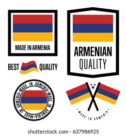 Export stamp set. Armenia quality, made in Armenia export stamp design. Vector approved product guaranteed label with country flag illustration and lettering isolated bundle on white background
