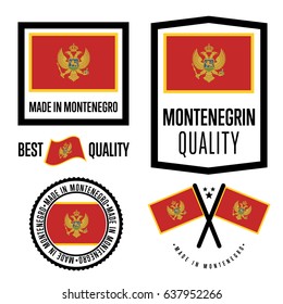 Export stamp set. Made in Montenegro, quality original export stamp vector design isolated set on white background. Label with country flag and lettering illustration
