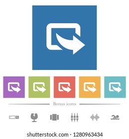 Export symbol with bottom right arrow flat white icons in square backgrounds. 6 bonus icons included.