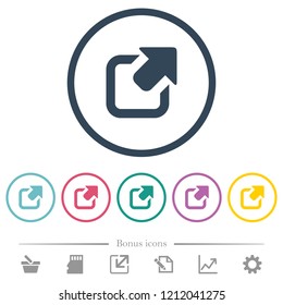 Export symbol with upper right arrow flat color icons in round outlines. 6 bonus icons included.