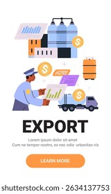 Conceito de comércio de exportação com o funcionário da alfândega analisando gráficos de dados caminhão cifrão de caminhão de fábrica em estilo moderno para o banner do site de negócios