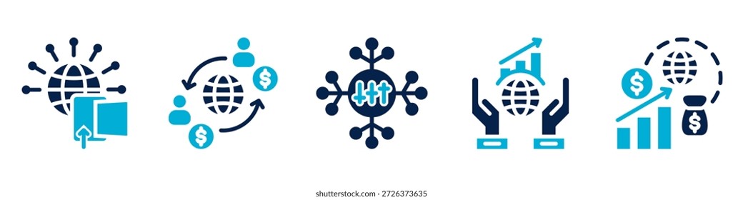 colección Vector del conjunto del icono de la transacción de la exportación, para el concepto de la operación comercial con la puerta de enlace de la exportación de los iconos, la transacción internacional, la red comercial, el desarrollo económico, el crecimiento económico.
