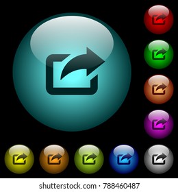 Export with upper right arrow icons in color illuminated spherical glass buttons on black background. Can be used to black or dark templates