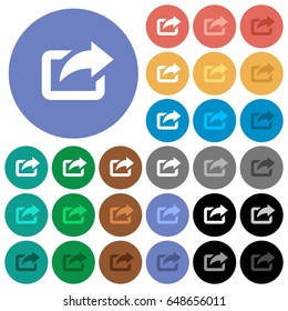 Export with upper right arrow multi colored flat icons on round backgrounds. Included white, light and dark icon variations for hover and active status effects, and bonus shades on black backgounds.