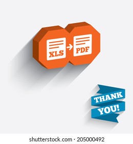 Export XLS to PDF icon. File document symbol. White icon on orange 3D piece of wall. Carved in stone with long flat shadow. Vector