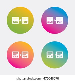 Export XLS to PDF icon. File document symbol. Gradient flat buttons with icon. Modern design. Vector