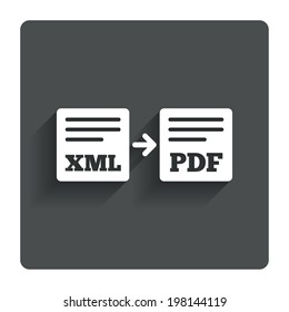Export XML to PDF icon. File document symbol. Gray flat button with shadow. Modern UI website navigation. Vector