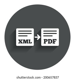 Export XML to PDF icon. File document symbol. Circle flat button with shadow. Modern UI website navigation. Vector