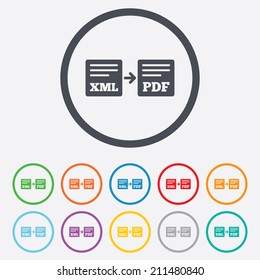 Export XML to PDF icon. File document symbol. Round circle buttons with frame. Vector