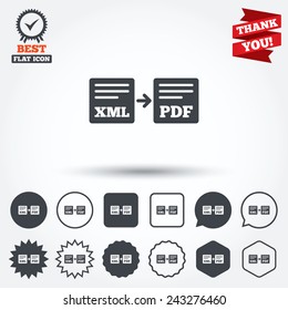 Export XML to PDF icon. File document symbol. Circle, star, speech bubble and square buttons. Award medal with check mark. Thank you ribbon. Vector