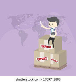 Exporter sit on goods box and world map for export concept