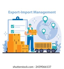 Export-import management concept. Detailed depiction of export-import management. Coordinating global shipment logistics. Illustrating trade compliance and documentation. Flat vector illustration.