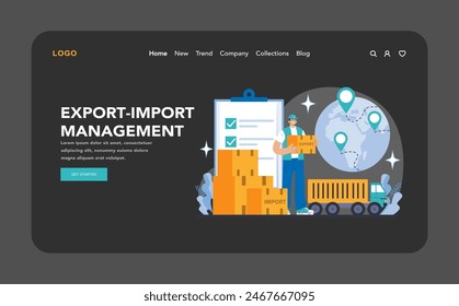 Export-import management night or dark mode web or landing page. Detailed depiction of export-import management. Coordinating global shipment logistics. Flat vector illustration.