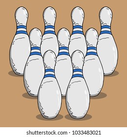 Exposed bowling skittles. A skittle with two strips. Equipment for bowling. Vector illustration.