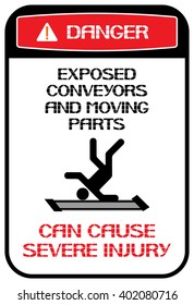 Exposed conveyors and moving parts can cause severe injury.
Danger. Poster characterize working conditions for workers and employees.