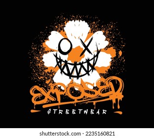 exposed slogan text. Flower drawing with grunge emoji face. Vector illustration design for fashion graphics, t shirt prints.