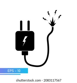 Ausgesetzter Draht mit Funken, Lebensgefahr. Das Netzteil zum Aufladen des Smartphones. Ein Ladegerät für Gadgets. Die Abbildung ist schwarz. Vektorgrafik.