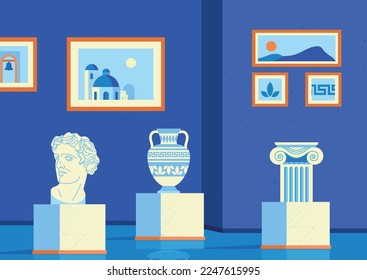 Exposition hall concept. Traditional vases in museum or gallery. Art and creativity, cultural recreation. Paleontology and archeology. Ancient culture metaphor. Cartoon flat vector illustration